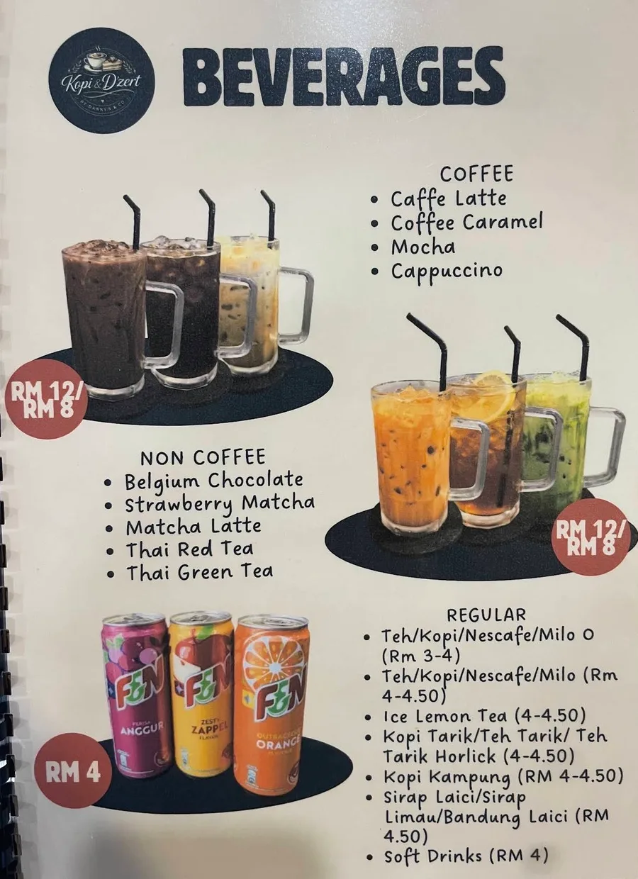 Beverages menu showing coffee and drinks with prices