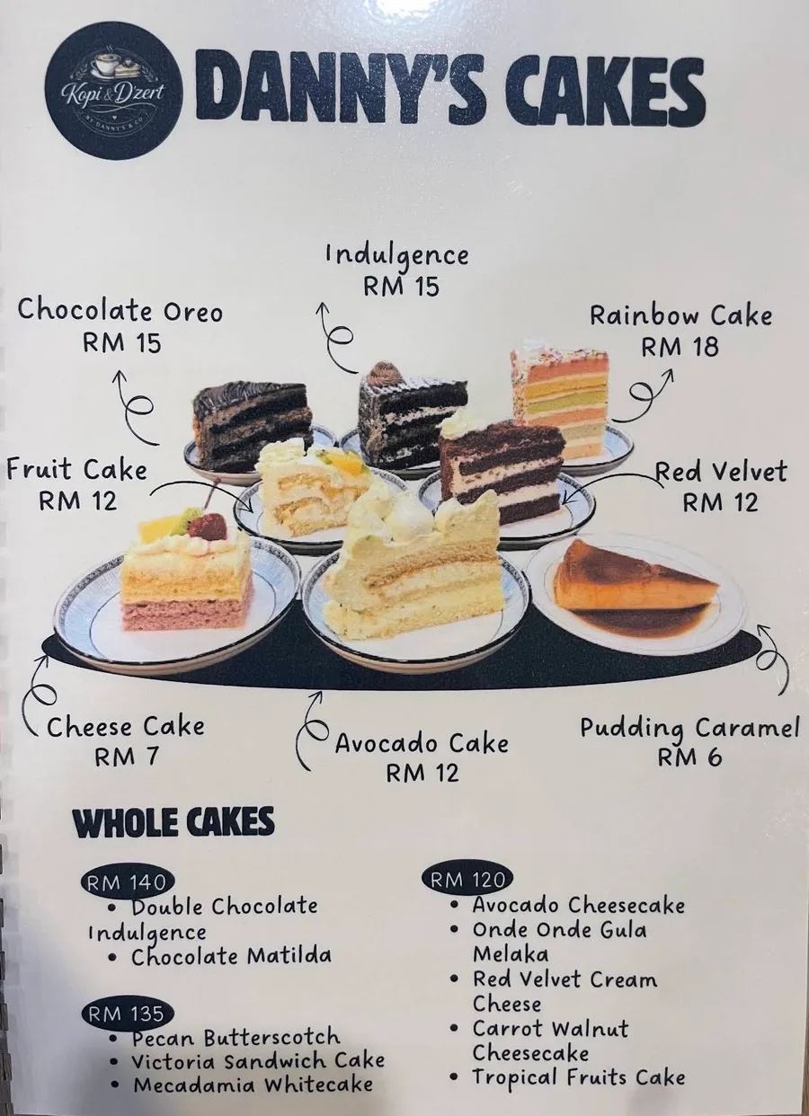Danny's Cakes menu showing cake slices and whole cake prices