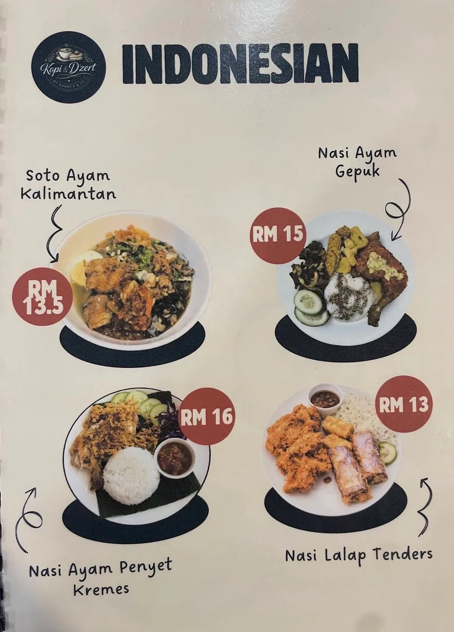 Indonesian menu showing traditional dishes with prices