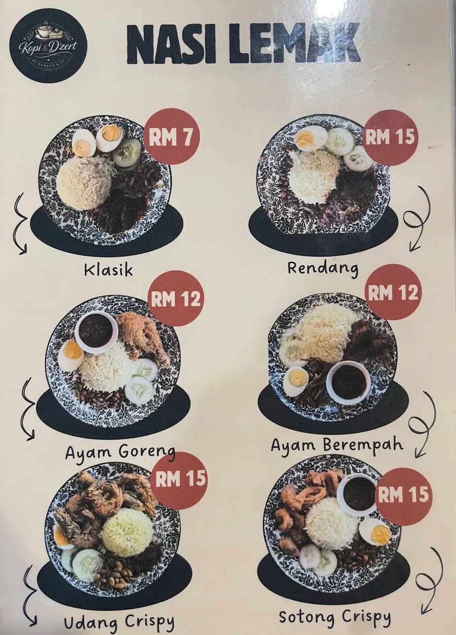 Nasi Lemak menu showing all sets with prices