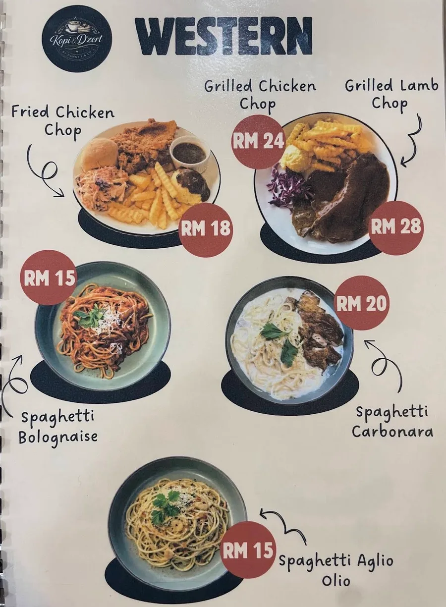 Western food menu showing chops and pasta with prices